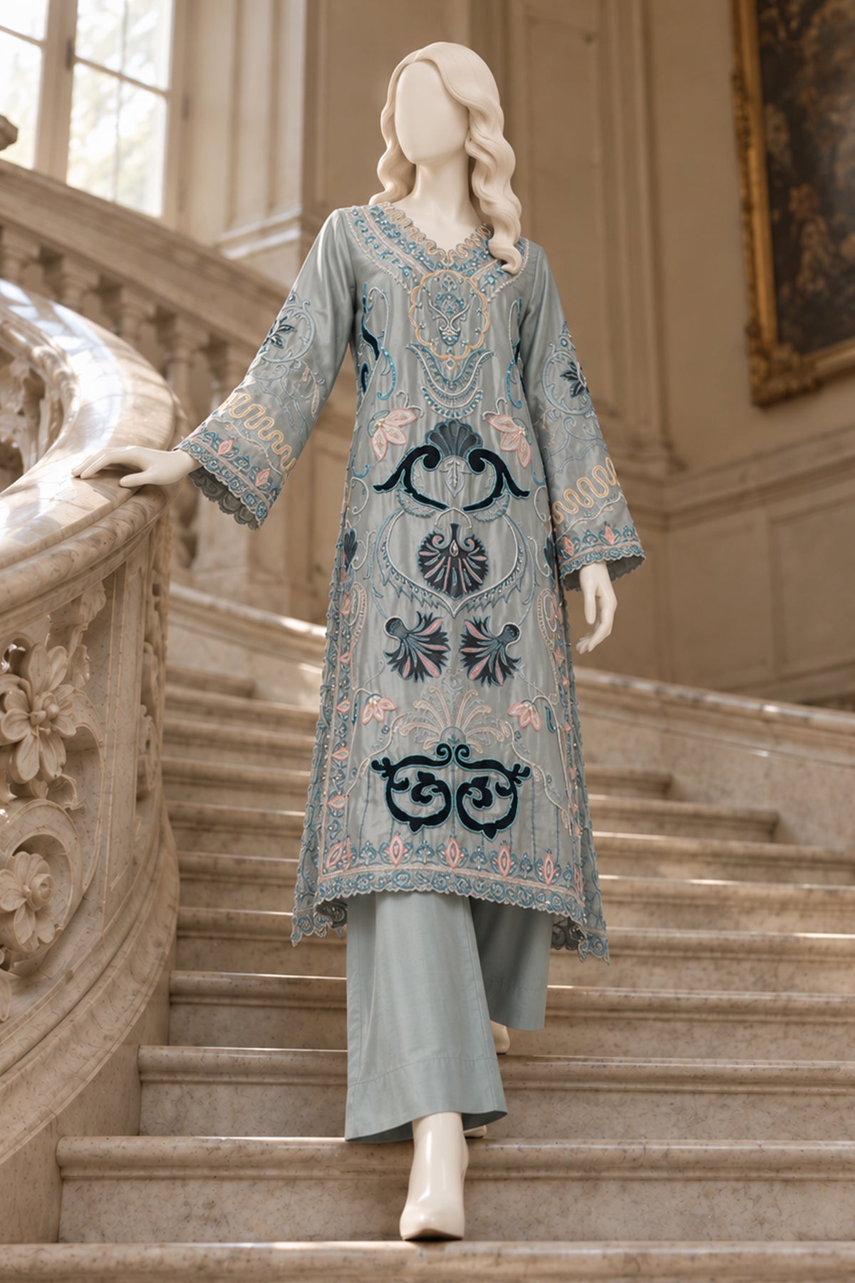 Steel Blue Raw Silk Co-Ord Set - JE-26-0072