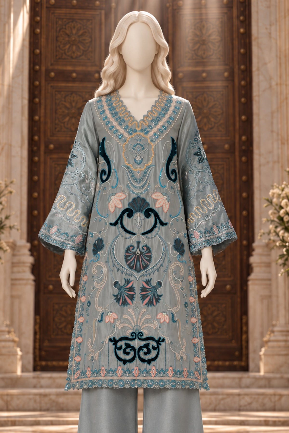 Steel Blue Raw Silk Co-Ord Set - JE-26-0072