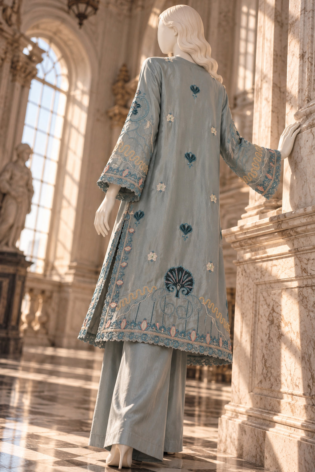 Steel Blue Raw Silk Co-Ord Set - JE-26-0072