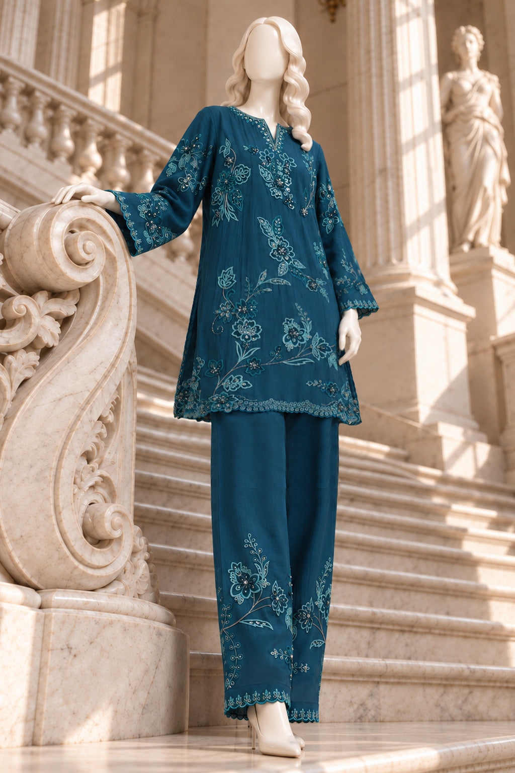 Teal Blue Kora Cotton Co-Ord Set - JE-26-0074