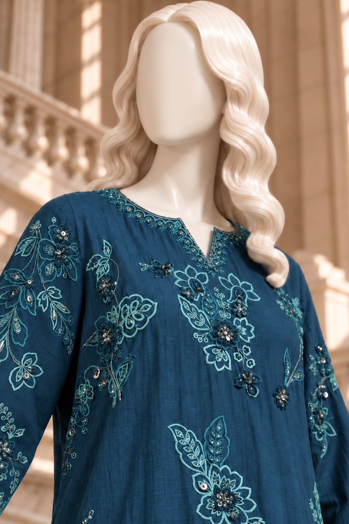 Teal Blue Kora Cotton Co-Ord Set - JE-26-0074