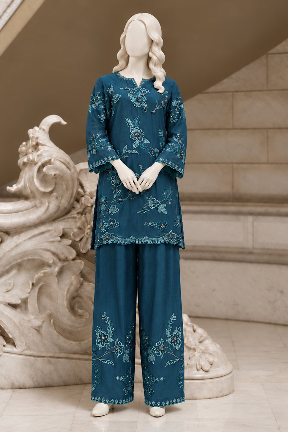 Teal Blue Kora Cotton Co-Ord Set - JE-26-0074