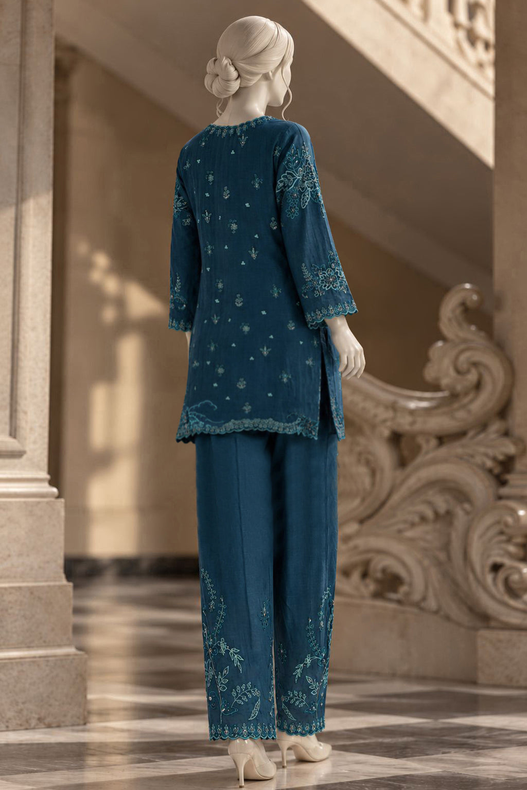 Teal Blue Kora Cotton Co-Ord Set - JE-26-0074
