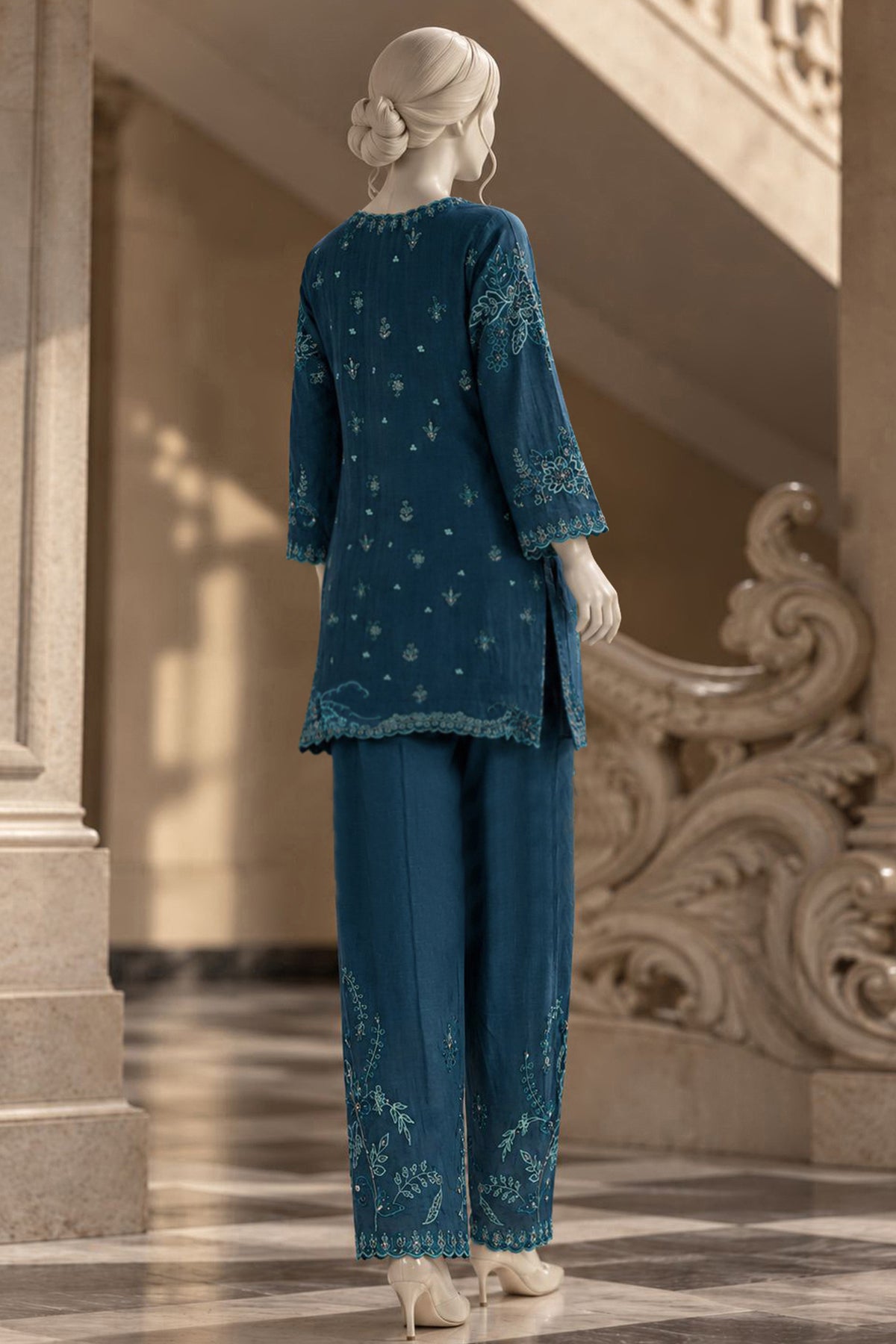 Teal Blue Kora Cotton Co-Ord Set - JE-26-0074