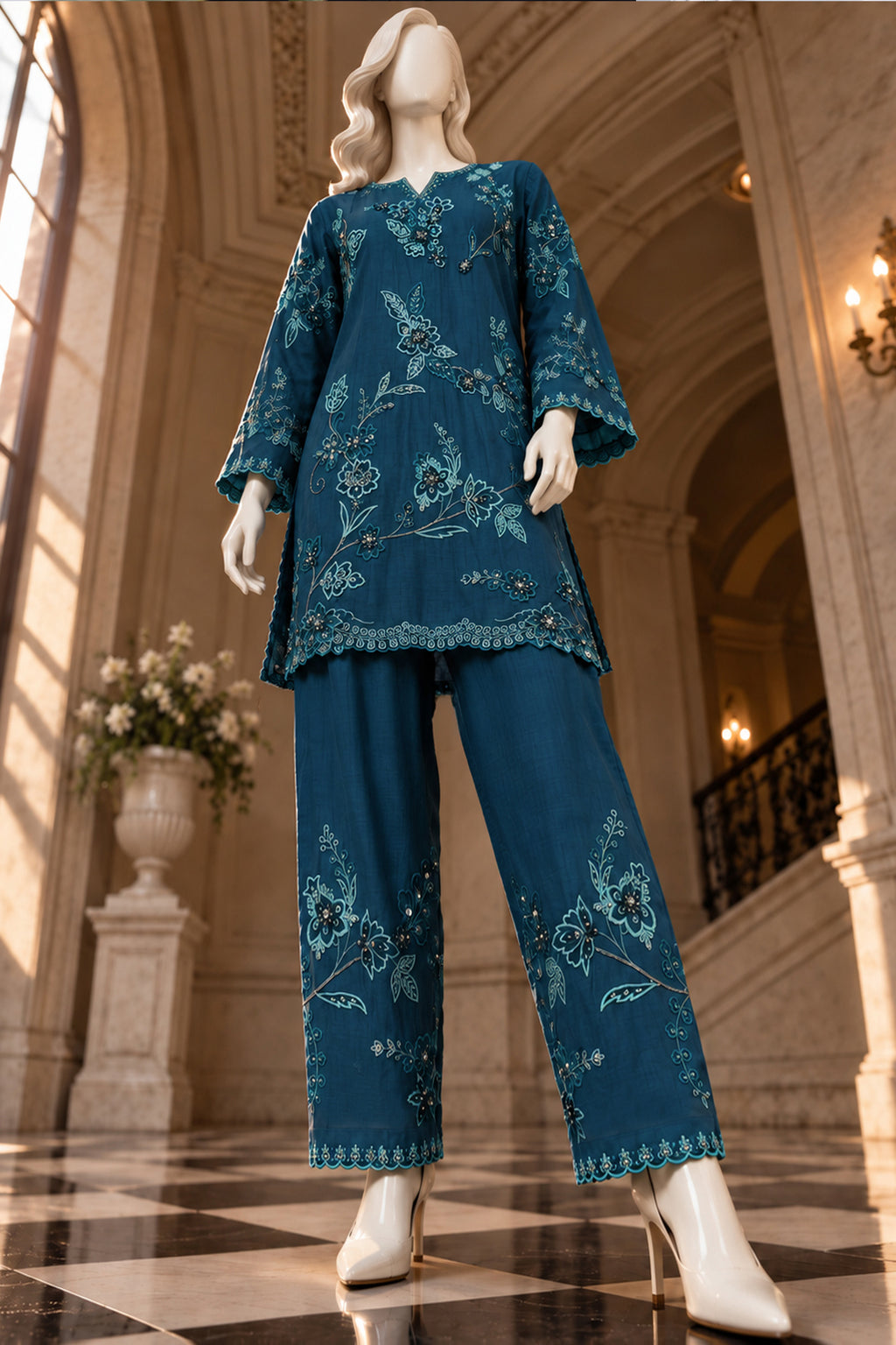 Teal Blue Kora Cotton Co-Ord Set - JE-26-0074