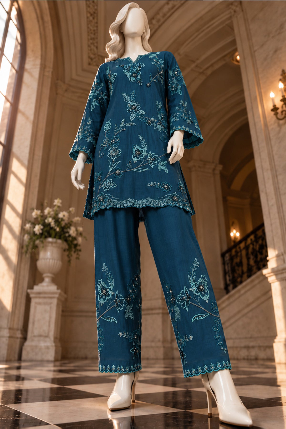 Teal Blue Kora Cotton Co-Ord Set - JE-26-0074