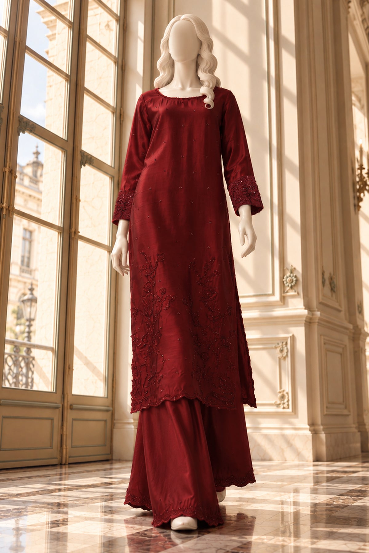 Red Sheesha Silk Co-Ord Set - JE-26-0078