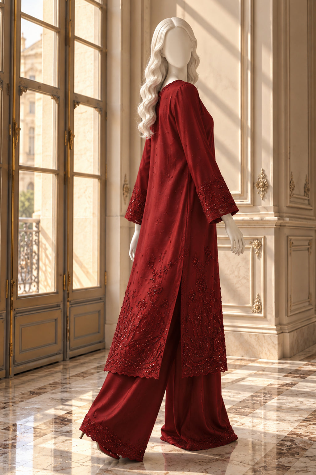 Red Sheesha Silk Co-Ord Set - JE-26-0078