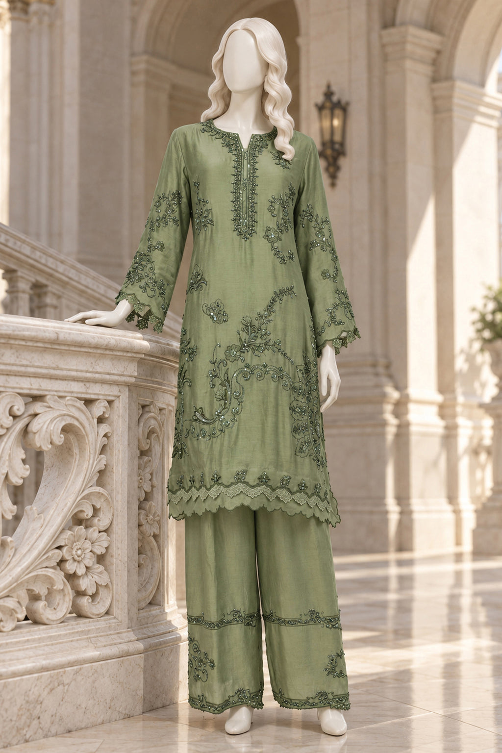 Sage Green Khaddi Silk Co-Ord Set - JE-26-0081