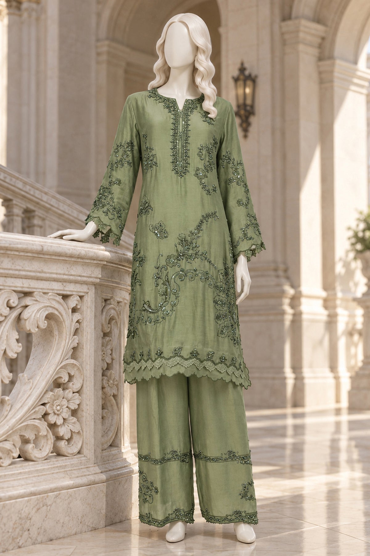Sage Green Khaddi Silk Co-Ord Set - JE-26-0081