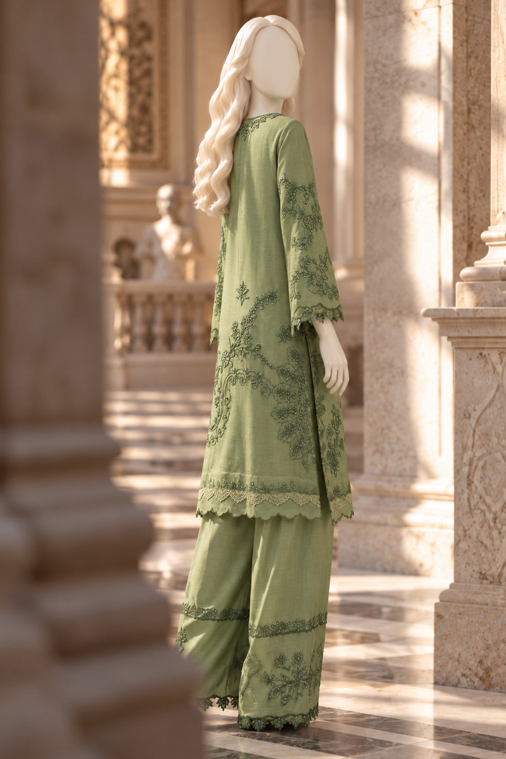 Sage Green Khaddi Silk Co-Ord Set - JE-26-0081