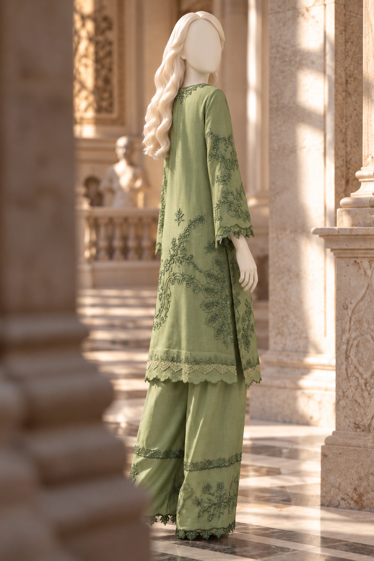 Sage Green Khaddi Silk Co-Ord Set - JE-26-0081