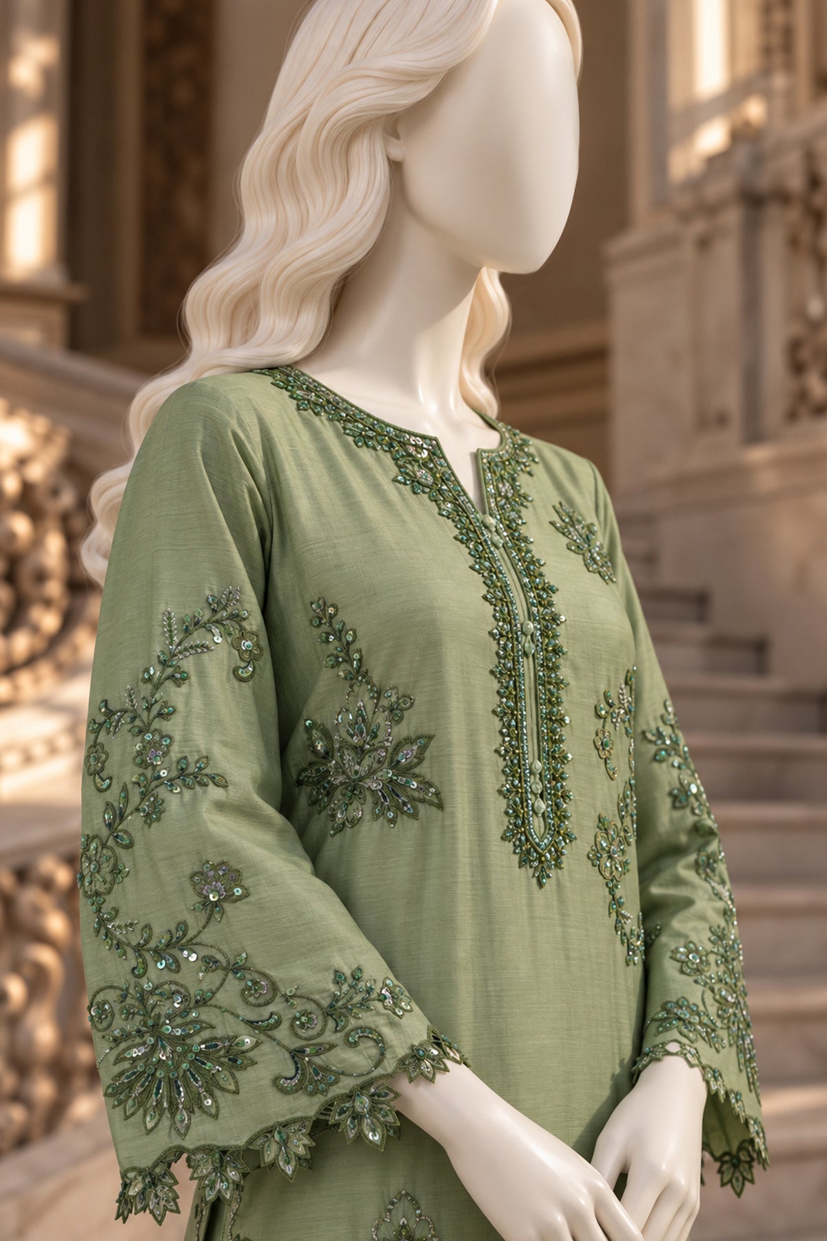 Sage Green Khaddi Silk Co-Ord Set - JE-26-0081