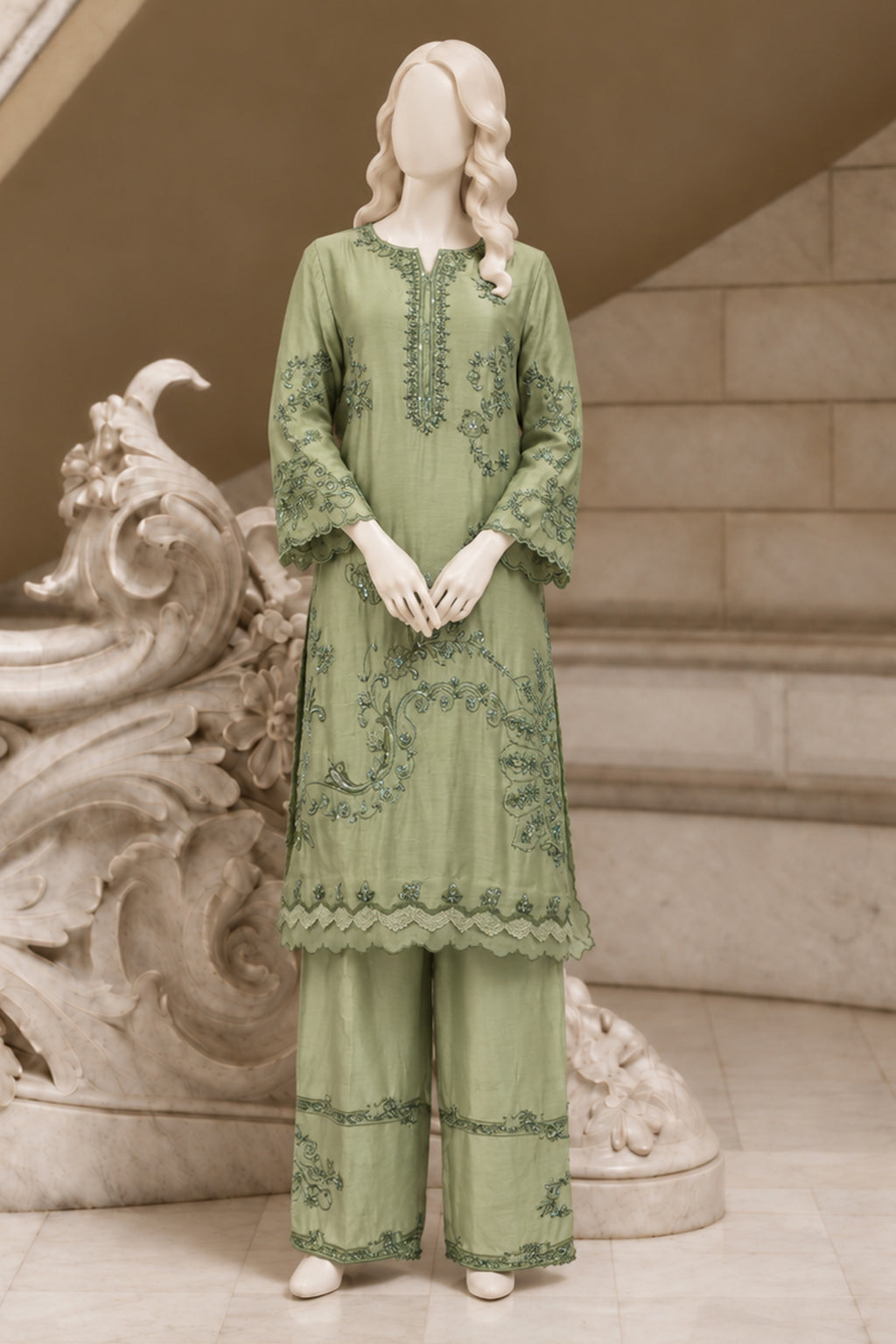 Sage Green Khaddi Silk Co-Ord Set - JE-26-0081