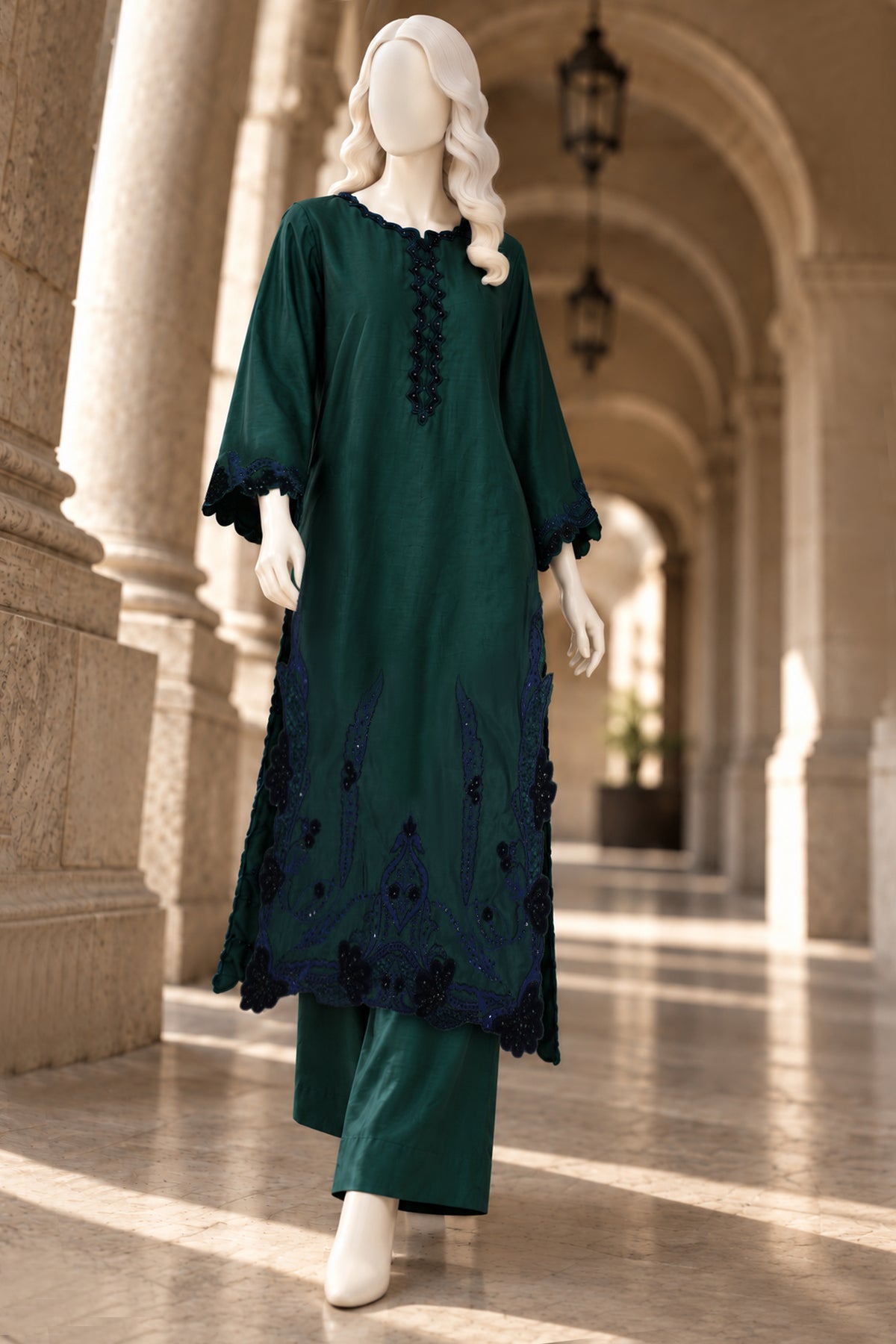 Bottle Green Sheesha Silk Co-Ord Set - JE-26-0083